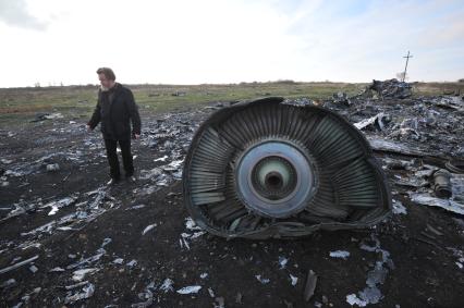 Место крушения малайзийского самолета Boeing, выполнявшего рейс MH17 Амстердам — Куала-Лумпур. На снимке: специальный корреспондент Николай Варсегов и осматривает обломки самолета.