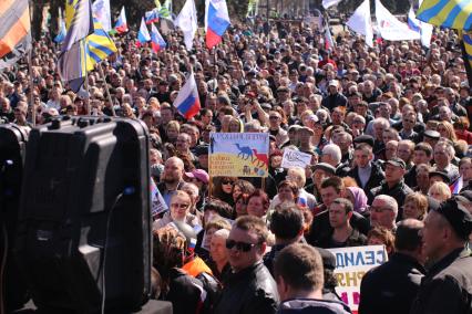 Донецк. Пророссийский митинг, организованный партией `Русский блок`. На снимке: митингующие держат плакат `Россия вперед!`.