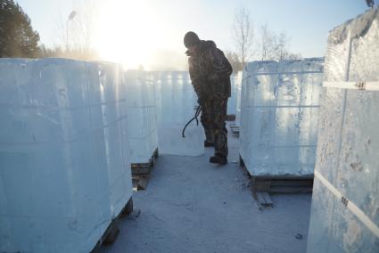 Рабочий тащит ледовый блок на отправку на строительство ледовых городков. п.Северка Свердловская область