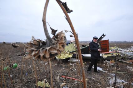 Село Грабово. Место крушения самолета Boeing 777 авиакомпании Malaysia Airlines, выполнявшего плановый рейс MH17 из Амстердама в Куала-Лумпур, произошедшая 17.07.14. На снимке: специальный корреспондент КП Николай Варсегов.