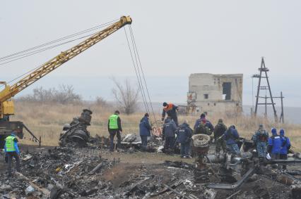 Село Грабово. Место крушения самолета Boeing 777 авиакомпании Malaysia Airlines, выполнявшего плановый рейс MH17 из Амстердама в Куала-Лумпур, произошедшая 17.07.14. На снимке: голландские специалисты, сотрудники ОБСЕ и МЧС Украины.