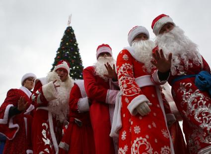 Деды Морозы водят хоровод вокруг елки во время парада Дедов Морозов на площади Пушкина в Краснодаре