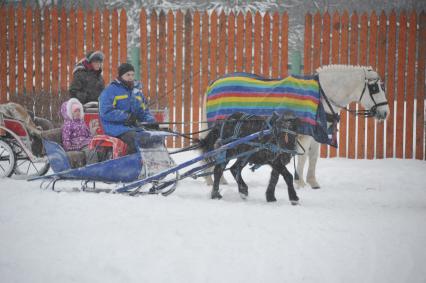 Усадьба Деда Мороза в Кузьминках. На снимке: девочка катается на повозке, запряженной пони.