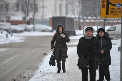 Снегопад в Москве. На снимке: женщина идет вдоль дороги.