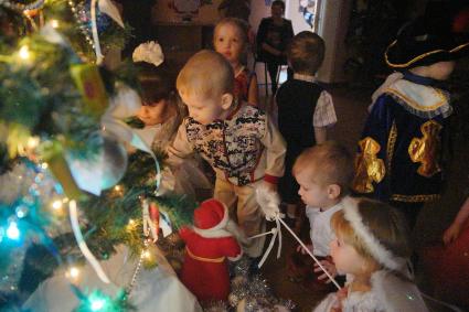 дети ищут подарки под елкой. утренник к новому году