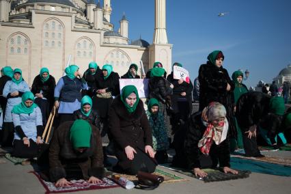 Митинг в Грозном против карикатур на пророка Мухаммеда, которые рисует франзуский журнал \"Шарли Эбдо\". Мероприятие завершилось массовым намазом.