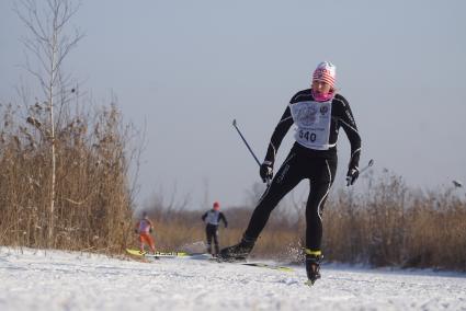 Участницы всероссийской лыжной гонки \"Лыжня России 2015\" во время женского забега среди спортсменов. Екатеринбург