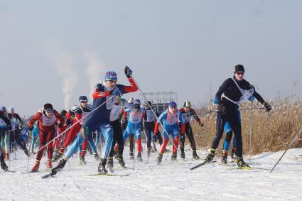 Участники всероссийской лыжной гонки \"Лыжня России 2015\" во время мужского забега спортсменов. Екатеринбург