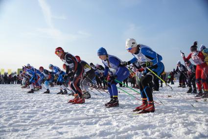 Участницы всероссийской лыжной гонки \"Лыжня России 2015\" во время женского забега среди спортсменов. Екатеринбург