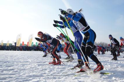 Участницы всероссийской лыжной гонки \"Лыжня России 2015\" во время женского забега среди спортсменов. Екатеринбург