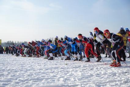 Участницы всероссийской лыжной гонки \"Лыжня России 2015\" во время женского забега среди спортсменов. Екатеринбург