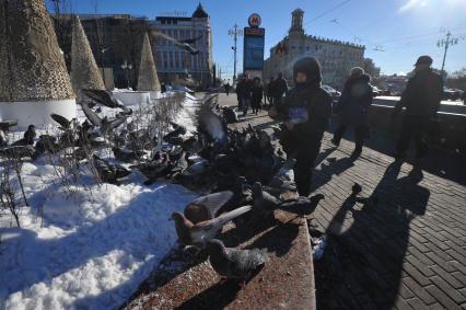 Женщина кормит голубей у станции метро `Пушкинская`.