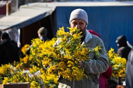 Воронеж. Подготовка в 8 марта. Мужчина с букетом мимоз.