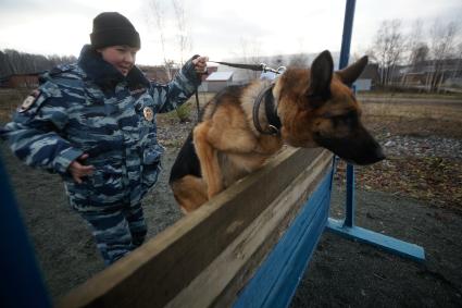 Девушка-полицейский кинолог с своей служебной собакой во время преодоления полосы препядствий. Уральский кинологический центр