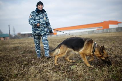 Девушка-полицейский кинолог с своей служебной собакой в Уральском кинологическом центре