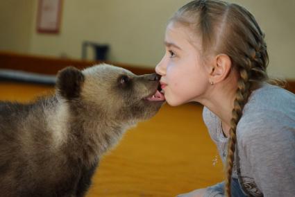 Цирковая артистка с одним из двух медвежат, найденных в лесу охотниками, на репетиционном манеже Екатеринбургского цирка.