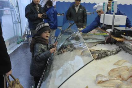 Рыбная ярмарка, которая открылась в рамках фестиваля `Рыбная неделя` на Пушкинской площади  в Москве.