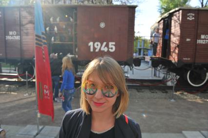 Открытие архитектурно-художественной экспозиции `Поезд Победы` на Тверском бульваре в Москве.