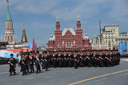 Москва. Сводная рота Кубанского казачьего войска во время военного парада на Красной площади, в честь 70-летия Победы в Великой Отечественной войне.