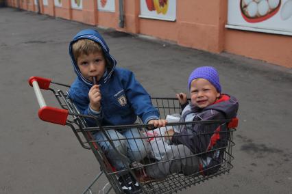 Москва. Дети сидят в магазинной тележке.