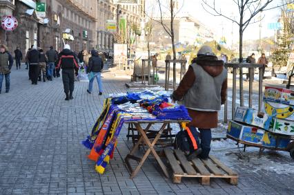 Киев. Евромайдан. Женщина продает сувенирную продукцию.