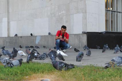 Москва. Мужчина фотографирует голубей на мобильный телефон.