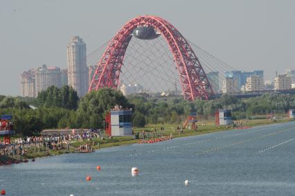 Москва. Фестиваль самодельных летательных аппаратов `Red Bull Flugtag 2015` на Гребном канале. Живописный мост.