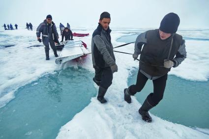 Полярники эвакуируют аппаратуру и имущество сезонной дрейфующей станции \"Северный полюс 2015\" из Арктики, на ледокол \"Капитан Драницын\" для перевозки на большую землю. Северный полюс. Северный ледовитый океан