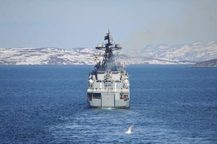 Североморск. Военно-морская база Северного флота России. Большой противолодочный корабль проекта 1155 `Адмирал Левченко` в порту.