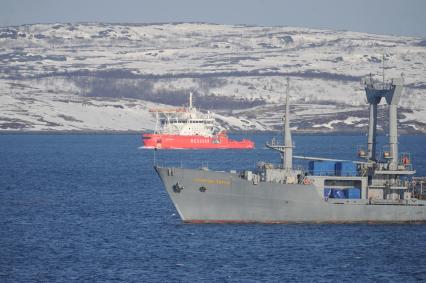 Североморск. Военно-морская база Северного флота России. Ледокольное спасательное судно `Балтика` проекта Р-70202  (на втором плане) и поисково-спасательное судно `Георгий Титов` проекта 05361 в порту.