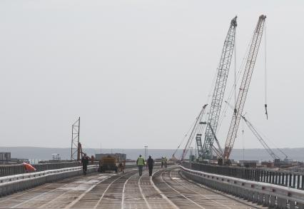 Краснодарский край. Установка временного моста для технических нужд перед началом строительства Керченского моста в окрестностях порта Тамань.