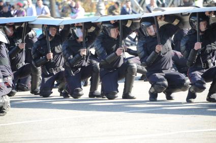 Москва. Полицейские во время показательных выступлений на спортивном параде московской полиции, посвященном Дню сотрудника органов внутренних дел.