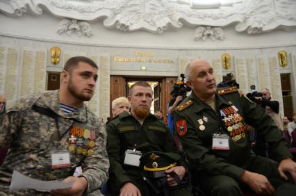 Москва. Командир спецподразделения ДНР `Спарта` Арсений Павлов (`Моторола`) (в центре) на первом съезде организации `Союз добровольцев Донбасса` в Музее Великой Отечественной войны на Поклонной горе.