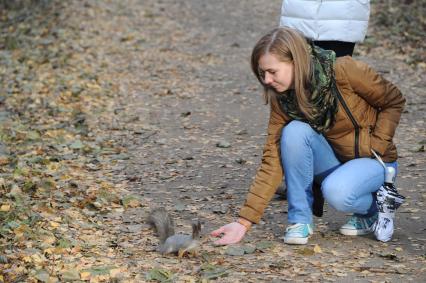 Москва.  Усадьба Кусково. Девушка кормит белку в парке.