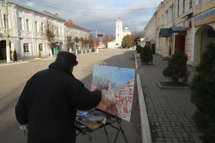 г.Таруса. Уличный художник рисует Собор Петра и Павла.