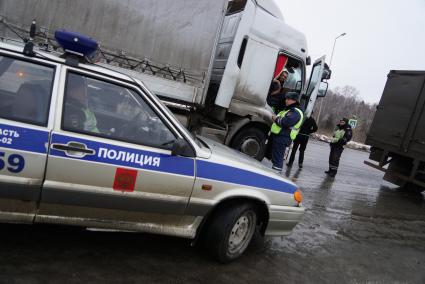 Екатеринбург. Сотрудники полиции проверяют документы у водителя грузовой фуры во время акции протеста дальнобойщиков против платного проезда по федеральным трассам.