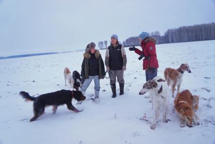 Свердловская область. Участницы дамского охотничьего клуба `Леди га-га-га во время охоты на лису и зайца с русскими борзыми и сеттером.