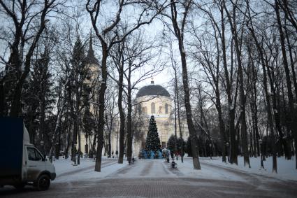 Калуга. Центральный Парк культуры и отдыха. Троицкий Собор (слева) и новогодняя елка.