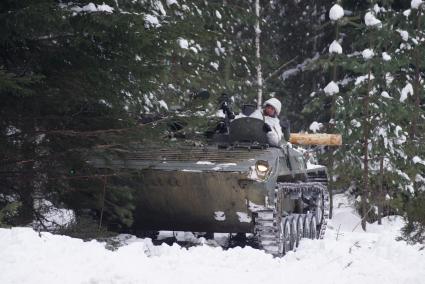 Свердловская область. Адуйский военный полигон. Военнослужащие мотострелковых войск на БМП-2 отрабатывают дейсвия на случай засады в ходе проверки войск на способность слаженной работы между подразделениями.