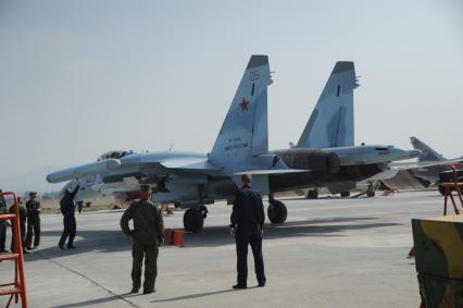 Сирия. Российский штурмовик Су-25 на аэродроме `Хмеймим` в сирийской провинции Латакия.