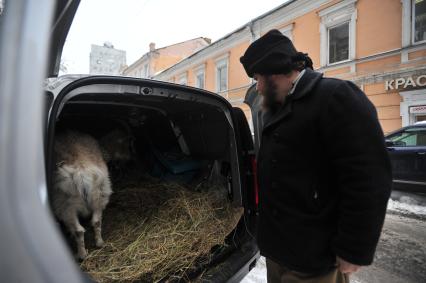 Москва. Фермер-сыровар Олег Сирота привез козу по кличке Меркель в Министерство сельского хозяйства Подмосковья.