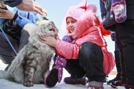 Барнаул. Дети гладят кота.