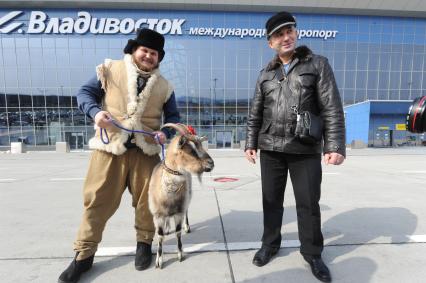 Владивосток.  Козу  Меркель и ее хозяина -  фермера Олега Сироту  в аэропорту встретил директор сафари-парка Мезенцев