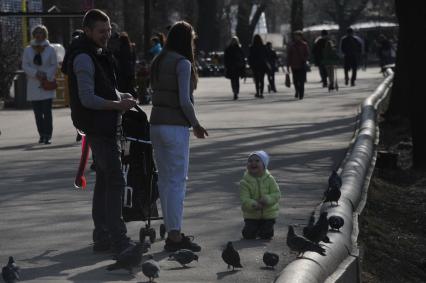 Москва. Девочка кормит голубей в Парке Горького.