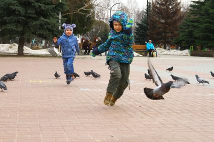 Нижний Новгород. Мальчик в парке бежит за голубем.