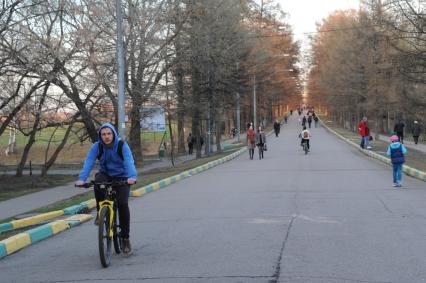 Москва. Велосипедисты  на территории Тимирязевского лесопарка.