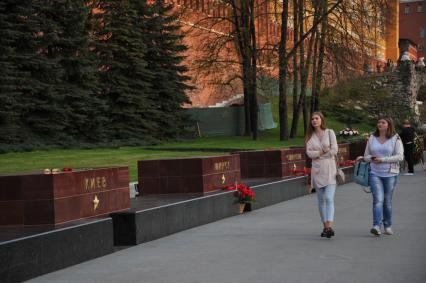 Москва.  Букет гвоздик  и корзины с цветами у стел городов-героев  в Александровском саду  Московского Кремля.