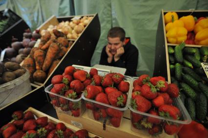 Москва.    Продажа клубники  на ярмарке выходного дня.