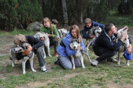 Республика Карелия, Муезерский район. Детский спортивно-оздоровительный лагерь Дмитрия и Матвея Шпаро `Большое Приключение`. Дети общаются с хаски.