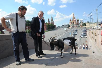 Москва. Фермер-сыровар Олег Сирота и директор Приморского сафари-парка Дмитрий Мезенцев выгуливают козла Тимура по центру Москвы.